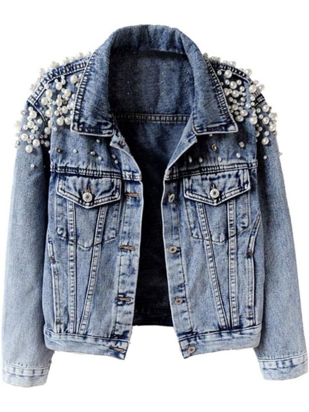 Embroidered Pearl Rivet Women's Short Denim Jean Jacket - Stylish & Trendy Coat